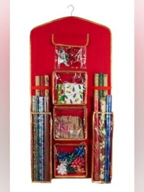 Gift Wrap Organizer- Hanging with Clear Zipper Pockets and Space For 12 Rolls